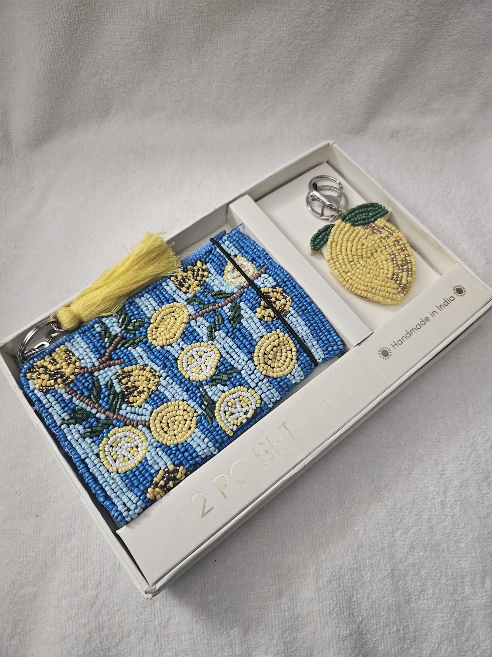 NIB Handmade Beaded Lemon Coin Purse & Keychain Set Blue Citrus 2 PC Gift Set
